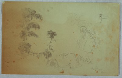 ジャマイカ、ベルビュー、頭にバナナを運ぶ男性の小さな詳細と竹の詳細を備えた木の習作 作： Frederic Edwin Church