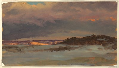 夕暮れ時の青い丘のある冬の風景、ハドソン、ニューヨーク 作： Frederic Edwin Church