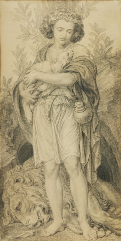 姉妹の助け（紙に鉛筆） 作： Frederic James Shields