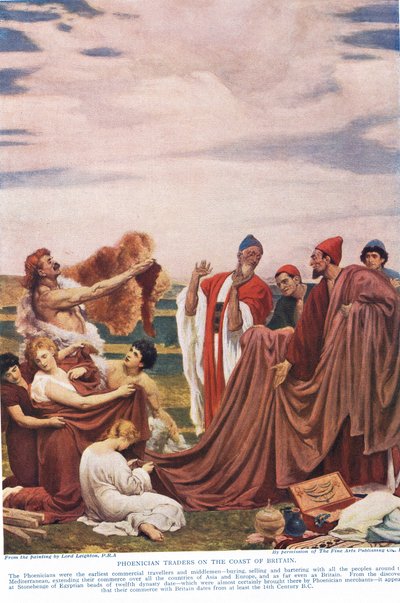 初期の英国人と取引するフェニキア人、「ハッチンソンの国家の歴史」のイラスト 作： Frederic Leighton