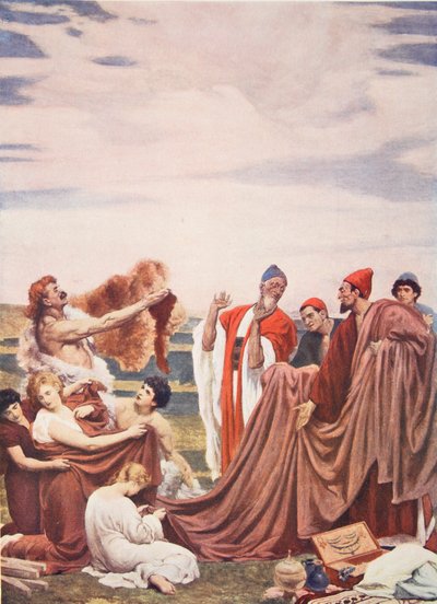初期の英国人と取引しているフェニキア人、「ハッチンソンの国家の歴史」のイラスト 作： Frederic Leighton