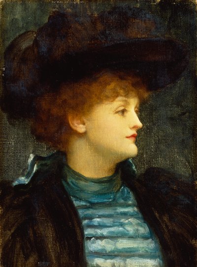 黒いコートと帽子をかぶったターコイズのドレスを着た女性の肖像（キャンバスに油彩） 作： Frederic Leighton