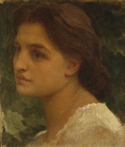 白いドレスを着ている小さなバストの長さの若い女性の肖像画 作： Frederic Leighton