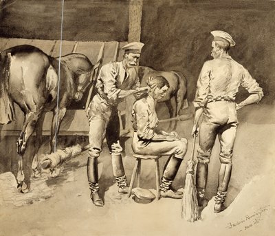 騎兵小屋の散髪、1893年（紙にトイレ） 作： Frederic Remington