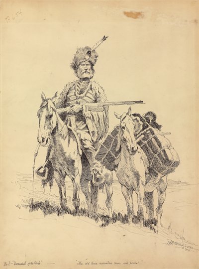 ポニーと一緒の昔のマウンテンマン、1888年 作： Frederic Remington