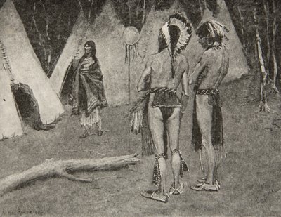 そして、彼女の恋人、拒絶されました...ヘンリーワズワースロングフェロー（1807-82）によるパブのハイアワサの歌からのペイントと羽を持つハンサムな男性。 George G. Harrap und Company Ltd.、1911 作： Frederic Remington