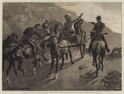 カナダ騎馬警察による混血ウイスキー密輸業者の逮捕 作： Frederic Remington