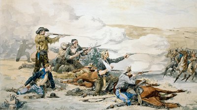 ビーチーズ島の戦い、1868年（カスターズラストスタンド）c.1885（紙にトイレ） 作： Frederic Remington