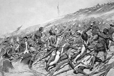 1758年、フランス領タイコンデロガの砦を襲撃しようとするイギリス軍（リトグラフ 作： Frederic Remington