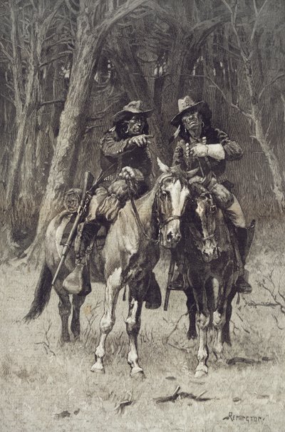 4月6日、オクラホマ州北カナダのビッグティンバーをパトロールするシャイアンスカウト 作： Frederic Remington