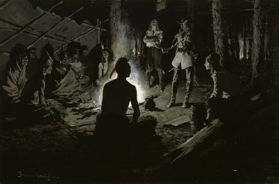 フランス人探検家とインディアンの会（イロコイ評議会の火事で）c.1901 作： Frederic Remington