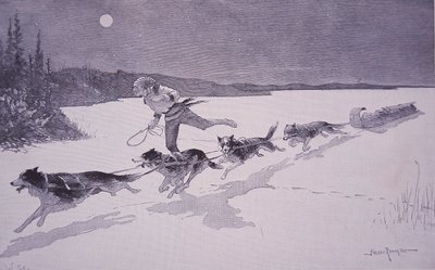 凍った湖の上でハスキー犬を連れたカナダのフランス人ファー・トラッパー 作： Frederic Remington