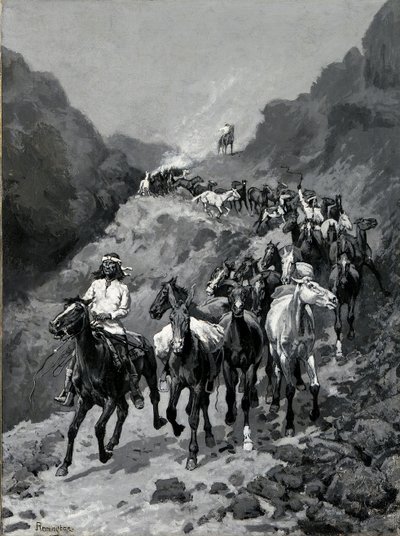 ジェロニモと彼のバンドが襲撃からメキシコに戻る（キャンバスに油彩） 作： Frederic Remington