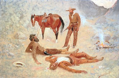 彼はけいれんした場所に、まだ丸太として横たわっていた 作： Frederic Remington