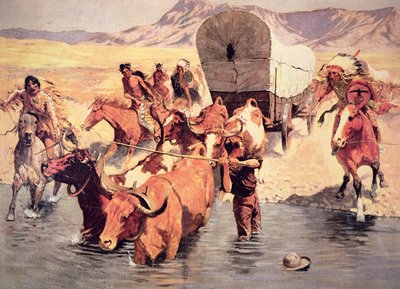 開拓使の馬車隊を襲うインディアン（油彩・キャンバス 作： Frederic Remington