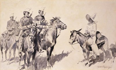 方法を尋ねるメキシコの憲兵、1890 作： Frederic Remington