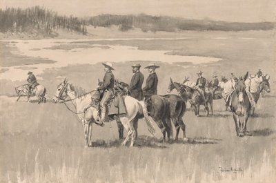 ヘッドウォーターズで--バージェスが浅瀬を見つける、カリフォルニア州。 1893年。 作： Frederic Remington