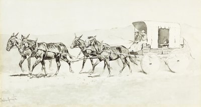 ウィリアムソンの舞台の1つ、1892年頃（紙にペンとブラシと黒のインクと中国の白） 作： Frederic Remington