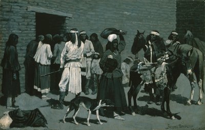 プエブロインディアンビレッジ（サンカルロス庁での牛肉の流通）c.1889 作： Frederic Remington