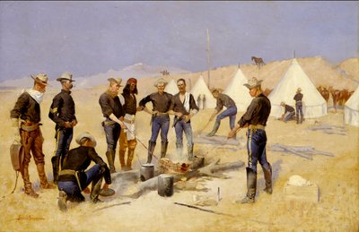 騎兵キャンプでクリスマス ビーフを焼く 作： Frederic Remington