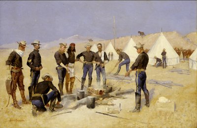 騎兵隊のキャンプでクリスマスビーフを焼く、1892年 作： Frederic Remington