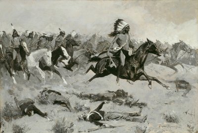 ラインを通過した赤いロッジを急いで、c。 1900年。 作： Frederic Remington