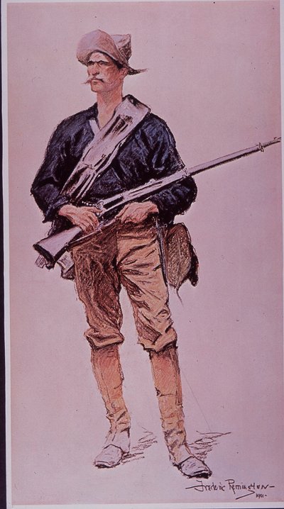 米西戦争1898年、クラッグ・ヨルゲンセンのマガジンライフルで武装したアメリカ軍の歩兵 作： Frederic Remington