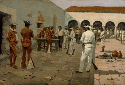 Mier Expedition：The Drawing of the Black Bean（Prisoners Drawing their Beans）1869（キャンバスに油彩） 作： Frederic Remington