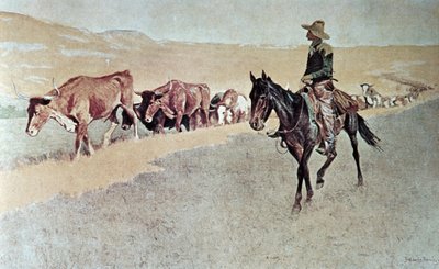 追いかけてくるテキサス・ロングホーン（油彩・キャンバス 作： Frederic Remington