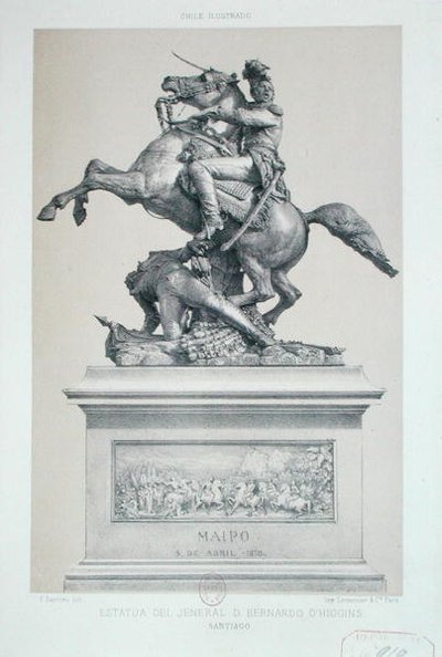 チリのサンティアゴにあるベルナルド・オヒギンズ（1776-1842）の像（リトグラフ）。 作： Frederic Sorrieu