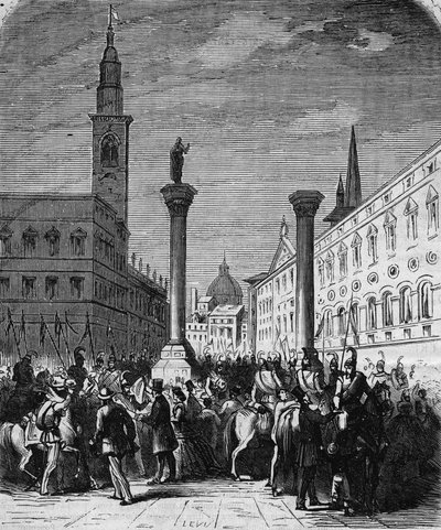 1866年にオーストリア軍から解放されたヴィチェンツァのシニョーリ広場を占拠するイタリア王国の騎兵隊。リックスの描いた絵からのエングレーヴィング。L
