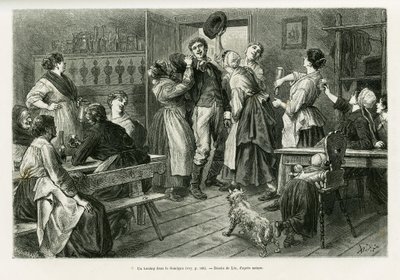 スンドガウで開催された、女性には何でも許されるカーニバルの一種、ヒルトゥターク。1885年にドイツ人旅行者シャルル・グラッドが描いた「A trevers l
