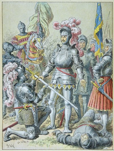 パヴィアの戦い。敗れたフランソワ1世は、1525年に騎士のシャルル・ド・ラノワに槍を譲った。 作： Frederic Theodore Lix