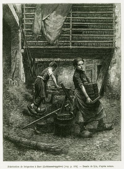 練炭製造の児童労働、バール。エドゥアール・シャルトン（1807-1890）が監督した1888年のツアー・デュ・モンドに参加したドイツ人代官シャルル・グラッドが1887年に行った「アルザスとロレーヌを通って」の物語を説明するためにリックスが描いたエングレーヴィング。 作： Frederic Theodore Lix