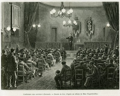 ドルナッハのドールファス・ミエッグ工房の労働者たちへの会議。1885年にドイツ人旅行者チャールズ・グラッドが書いた「アルザスとロレーヌを通って」という物語をリクスが描いたもの。 作： Frederic Theodore Lix