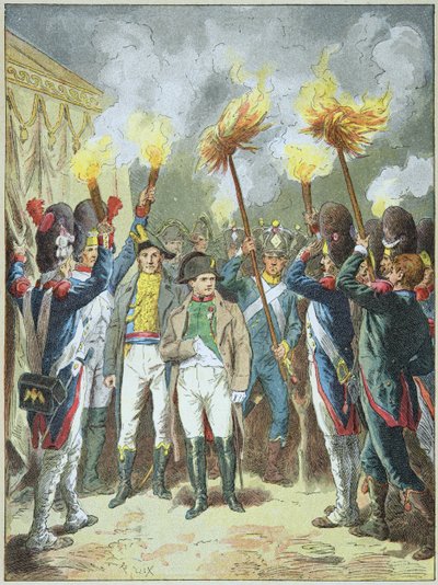 1805年、アウステルリッツの戦いの前夜、兵士たちに称賛される皇帝ナポロン1世。 作： Frederic Theodore Lix