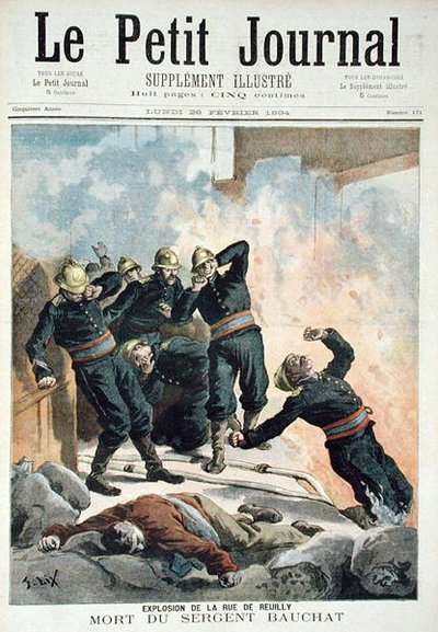 1894年2月26日、ルプティジャーナルより、ルイイ通りの爆発とバウシャト軍曹の死 作： Frederic Theodore Lix