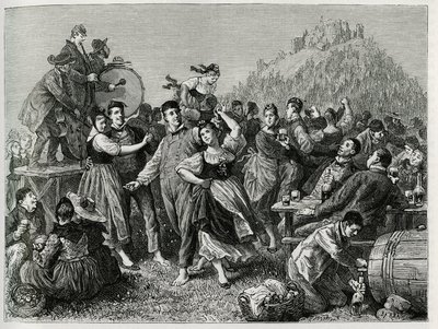 聖ヨハネの次の日曜日、ホーネック（ヴォージュ）での父兄の祭り。1884年、ドイツの代官、作家、博物学者であるシャルル・グラッド（1842-1890）が書いた「アルザスとロレーヌを通って」という物語を説明するために、F.Lixが描いたエングレーヴィング。Le Tour du monde, nouveau』に掲載。 作： Frederic Theodore Lix