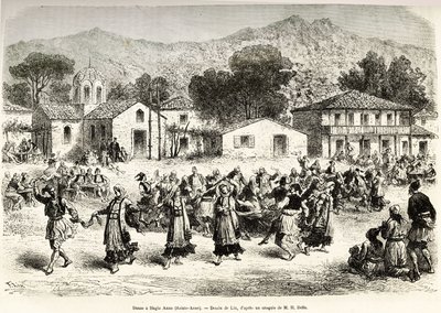 村の広場「ハギア・アンナ（聖アンナ）」でのフォークダンス。アンリ・ベルが1861年から1868年から1874年に行ったギリシャでの航海を説明するために描いたリクスの絵をもとにした版画（1876年、エドゥアール・シャルトン編集の「Le tour du monde」に掲載）。 作： Frederic Theodore Lix