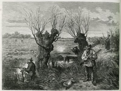 うさぎ狩り。チャールズグラッドによる1884年の「アルザスとロレーヌを介して」の物語を説明するためのF.Lixによる彫刻 作： Frederic Theodore Lix