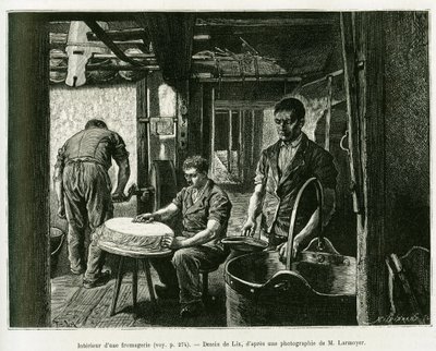 チーズ工場の内部。1885年にドイツ人旅行者シャルル・グラッドがアルザスとロレーヌ地方を旅行した際に、エドゥアール・シャルトン（1807-1890）の指揮の下、1887年のツアー・デュ・モンドに掲載された物語を説明するためにリックスが描いたもの。 作： Frederic Theodore Lix