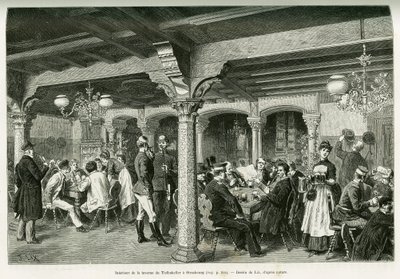 ストラスブールの酒場「ティーフェンケラー」の内部。エドゥアール・シャルトン（1807-1890）が監督した1888年のツアー・デュ・モンドに参加したドイツ人代官シャルル・グラッドが1887年に行った「アルザスとロレーヌを通って」の物語を説明するためにリックスが描いた版画。 作： Frederic Theodore Lix