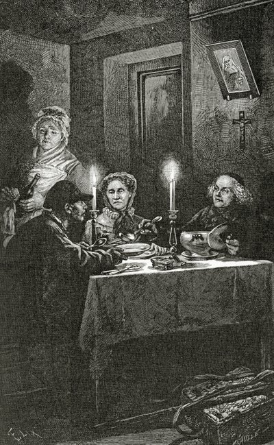 ジャンヴァルジャンは19世紀のビリエミリエルによって受け取られ、世話をされました（bw engraving） 作： Frederic Theodore Lix