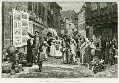バールの街での嘆きの歌い手。エドゥアール・シャルトン（1807-1890）が監督した1888年のツアー・デュ・モンドに参加したドイツ人代官シャルル・グラッドが1887年に行った「アルザスとロレーヌを通って」の物語を説明するためにリックスが描いた版画。 作： Frederic Theodore Lix