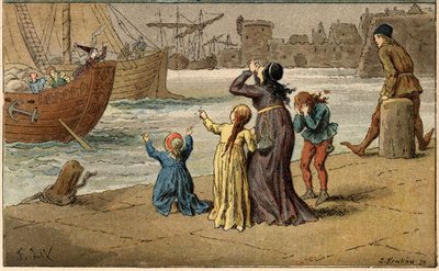 人気のある曲です。"A Nantes est arrive"。水夫に連れ去られた海を嘆く子供たち。"Chansons et rounds enfantines des provinces de la France "のフレデリック・セオドア・リックス（1830-1897）によるイラスト（詳細）。 作： Frederic Theodore Lix