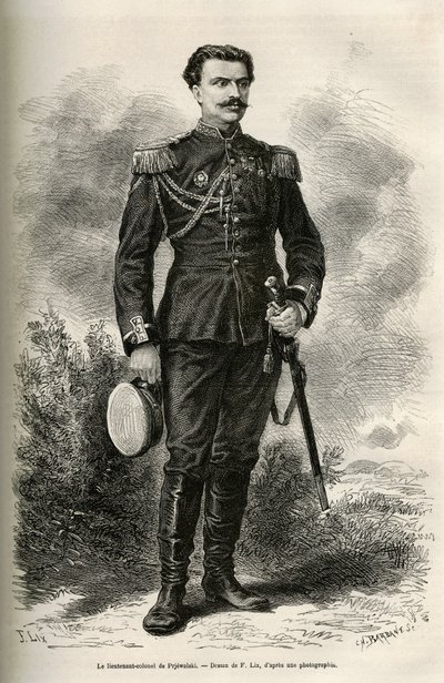 旅人であり語り部でもあるプリェヴァルスキー中佐の肖像、1870年から1873年にかけてのモンゴルとタングートの地への旅を説明するためにF.Lixが描いたドローイング、プリェヴァルスキー中佐によるもの。Le tour du monde』に掲載されたエングレーヴィング 作： Frederic Theodore Lix