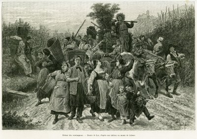 収穫の帰還。エドゥアール・シャルトン（1807-1890）が監督した1888年のツアー・デュ・モンドに参加したドイツ人副官シャルル・グラッドが1887年に行った「アルザスとロレーヌ地方を巡る旅」の物語を説明するためにリックスが描いたものです。 作： Frederic Theodore Lix
