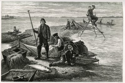 鮭釣り。ドイツの代官、作家、博物学者であるチャールズ・グラッド（1842-1890）が1884年に発表した「アルザスとロレーヌを通って」という物語の挿絵として、F.Lixが描いたもの。Le Tour du monde, nouveau journal des voyages, second semester 1885, edited by 作： Frederic Theodore Lix