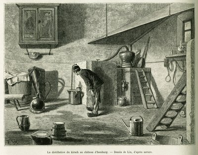 イセンブルク城でのキルシュの蒸溜。エドゥアール・シャルトン（1807-1890）が監督した1888年のツアー・デュ・モンドに参加したドイツ人代官シャルル・グラッドが1887年に行った「アルザスとロレーヌを通って」という物語を説明するために、リックスが描いたものです。 作： Frederic Theodore Lix
