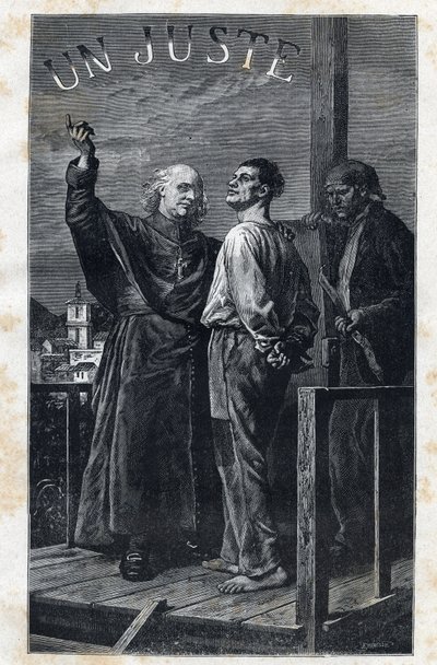 足場に登る死刑囚に付き添うイヴク・マリエル - Frederic Theodore Lix (1830-1897)による「The Miserables - First Part」のためのイラスト。ヴィクトル・ユーゴー（1802-1885）の「ファンティーヌ」1862年作 作： Frederic Theodore Lix